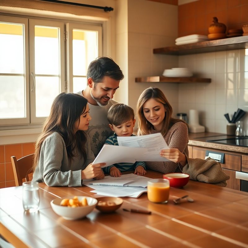 Familia revisando facturas en una cocina española con luz cálida